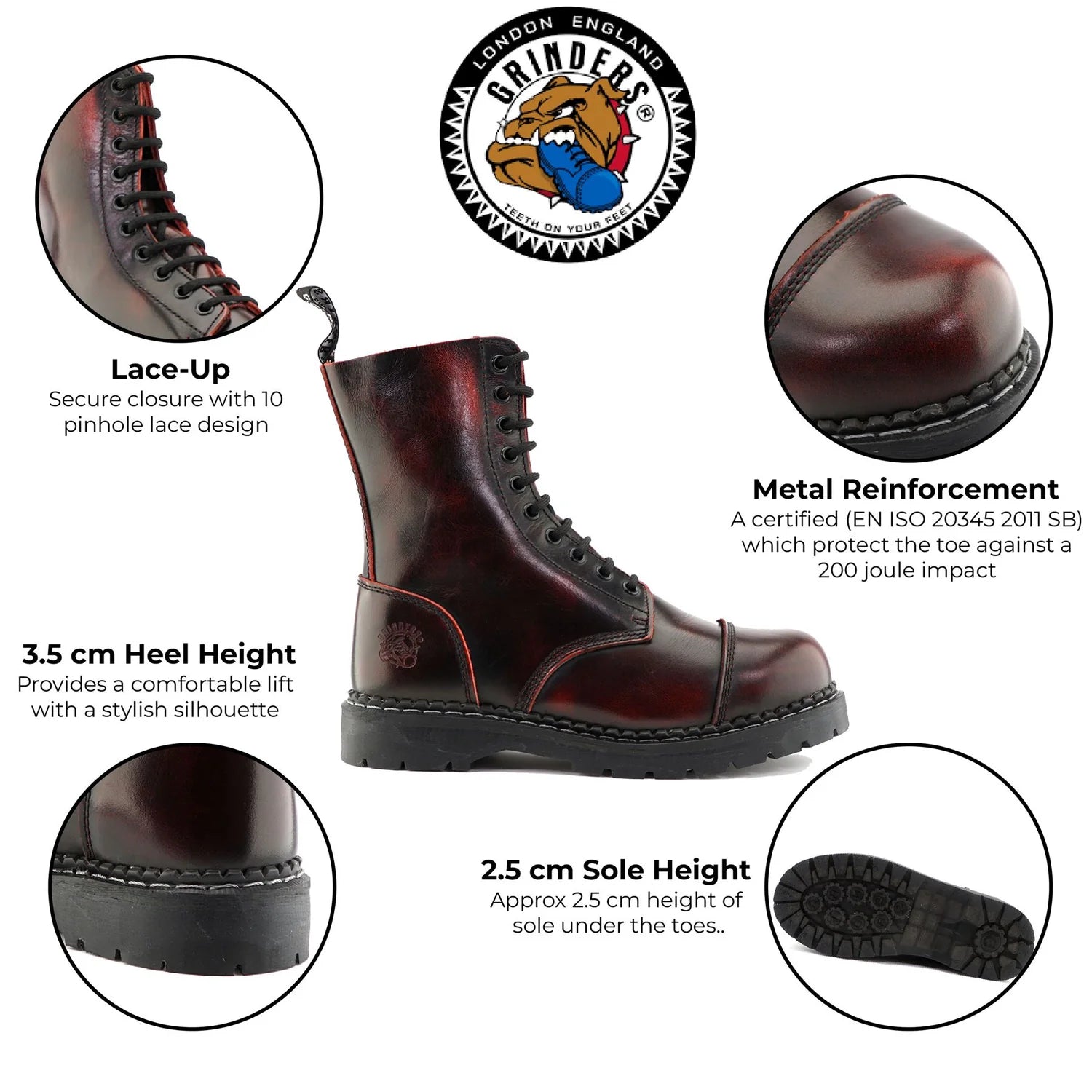 Grinders - Stag CS wine Leather Steel Toecap Unisex Military Style Boots