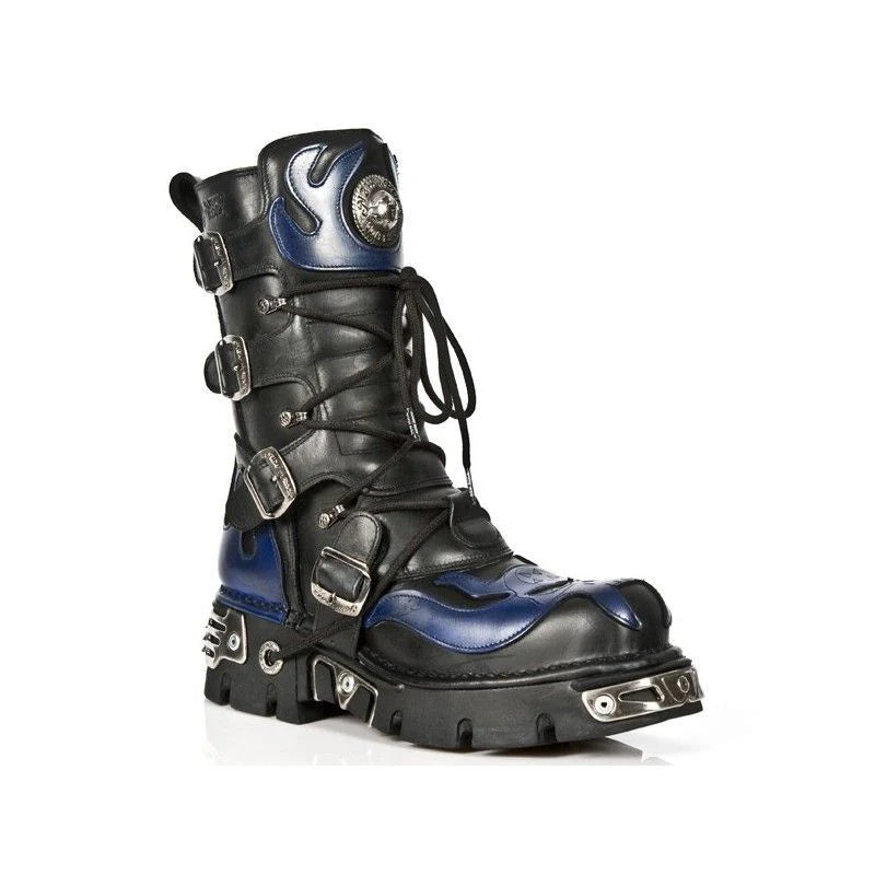NEW ROCK - 107-C5 Blue Flame Skull Lace Up Boots