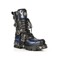 NEW ROCK - 107-C5 Blue Flame Skull Lace Up Boots