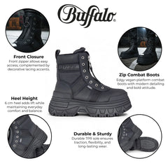Buffalo - Womens Vegan Leather Black Zip Up Chunky Mid Platform Boots - Fusion