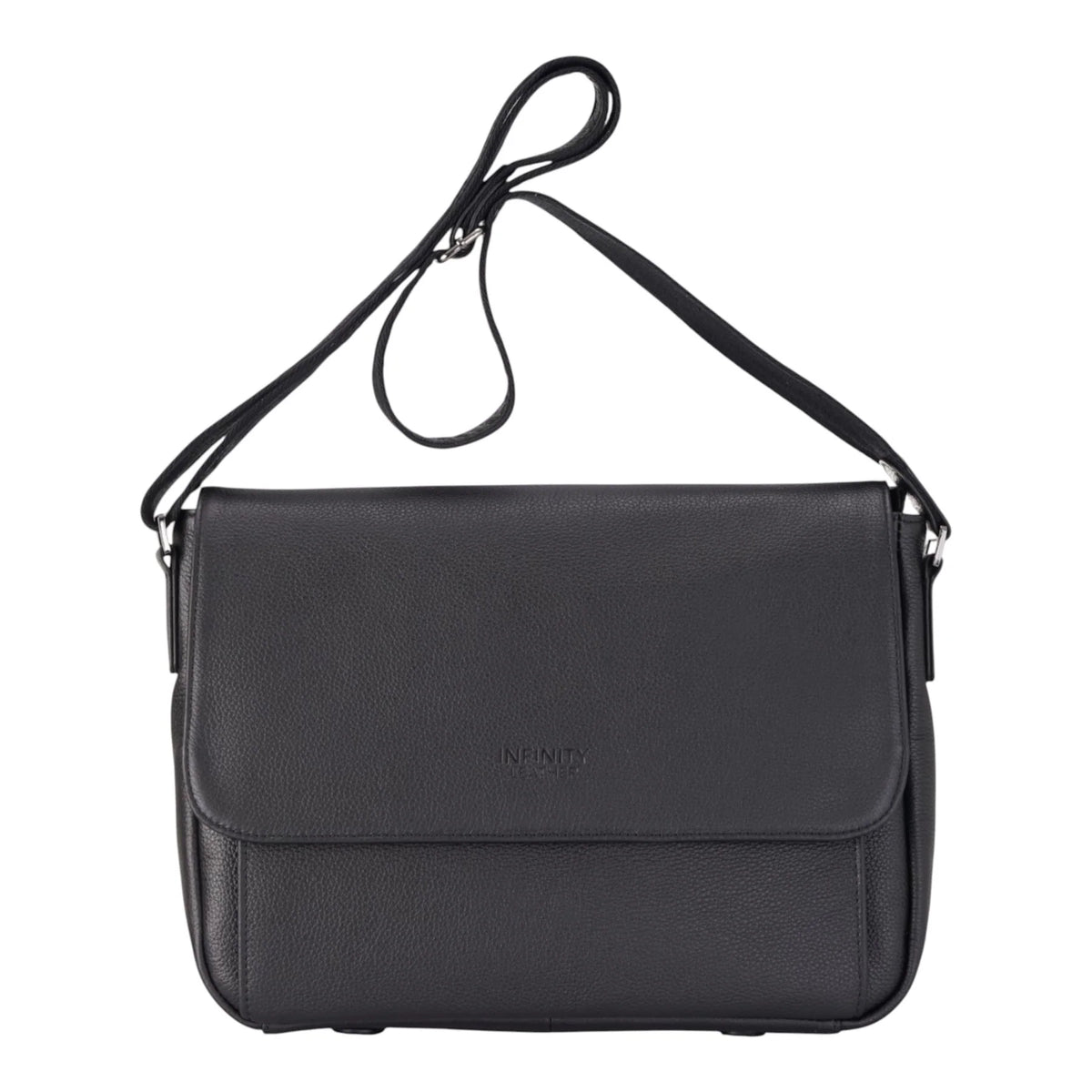 Black Leather Flap Over Laptop Messenger Satchel
