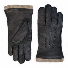 Mens Black Italian Leather Gloves with Wool Trim & Lining