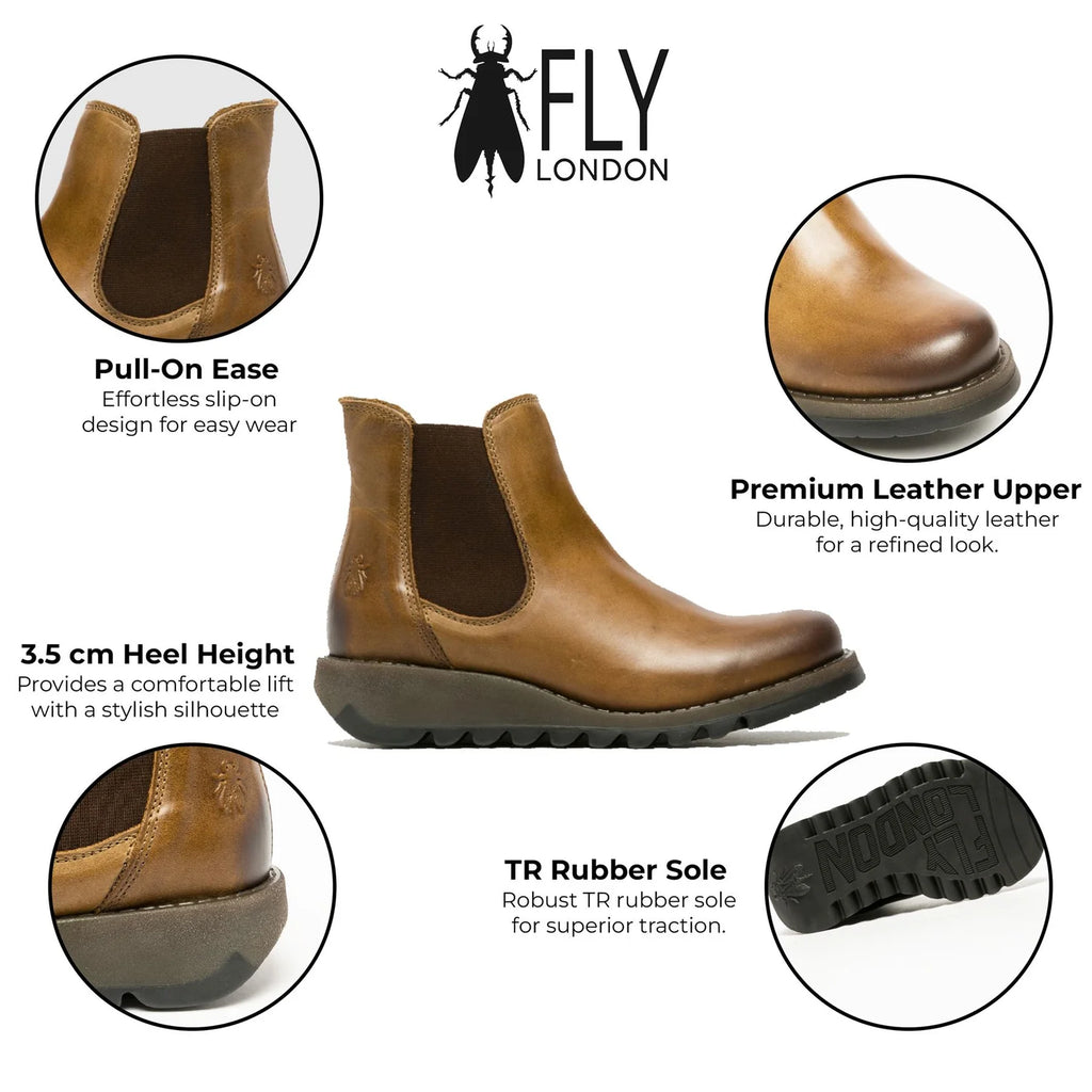 Fly London - SALV Women's Camel Leather Wedge Chelsea Boots