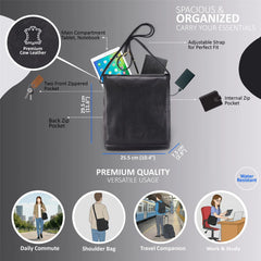 Black Leather Flap Over Cross Body Travel Bag