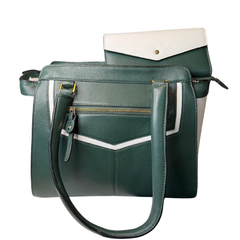 Women's Green and White Leather Shoulder Bag with Matching Purse