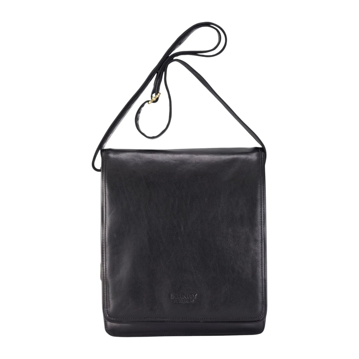 Black Leather Flap Over Cross Body Travel Bag