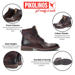 Pikolinos - Men's Olmo Brown Leather Zip & Lace Ankle Boots