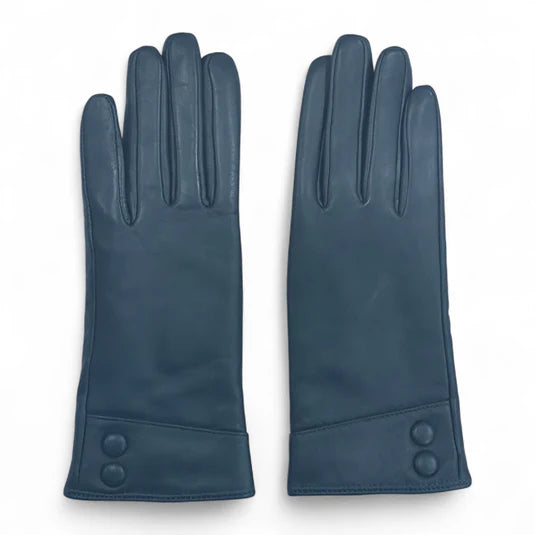 Womens Teal Italian Leather Gloves with Button Detail & Wool Lining
