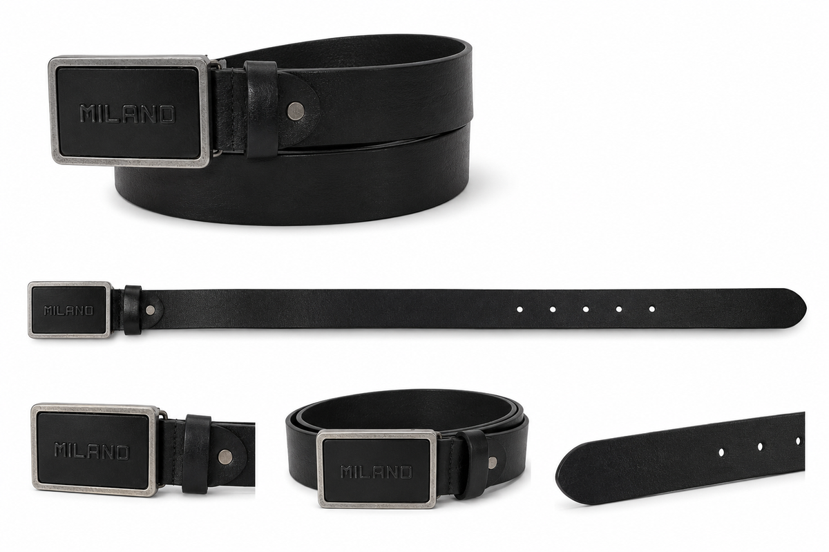 Men's Black Leather Belt with Large Leather Buckle