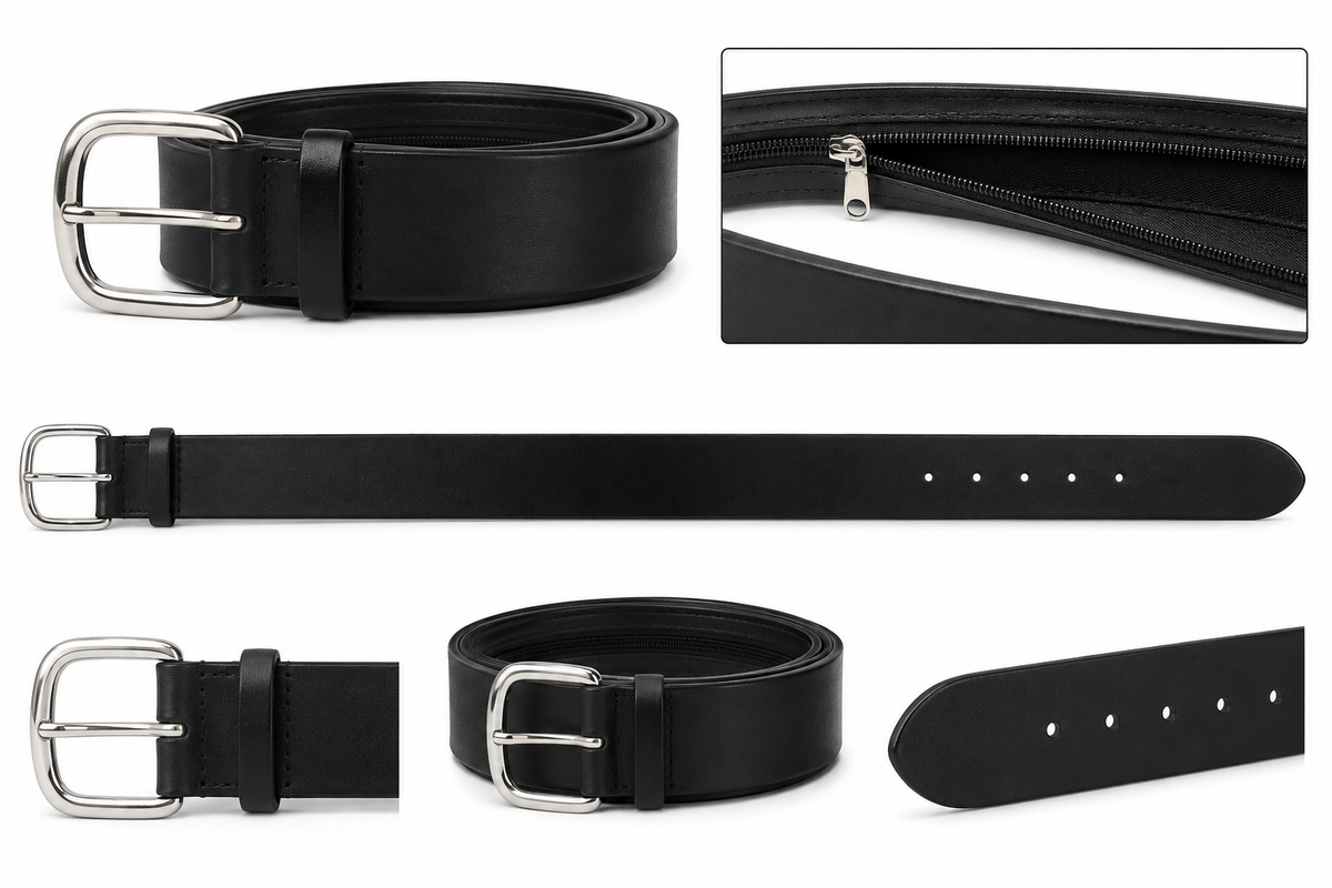 Unisex Black Leather Secret Compartment Zipped Belt