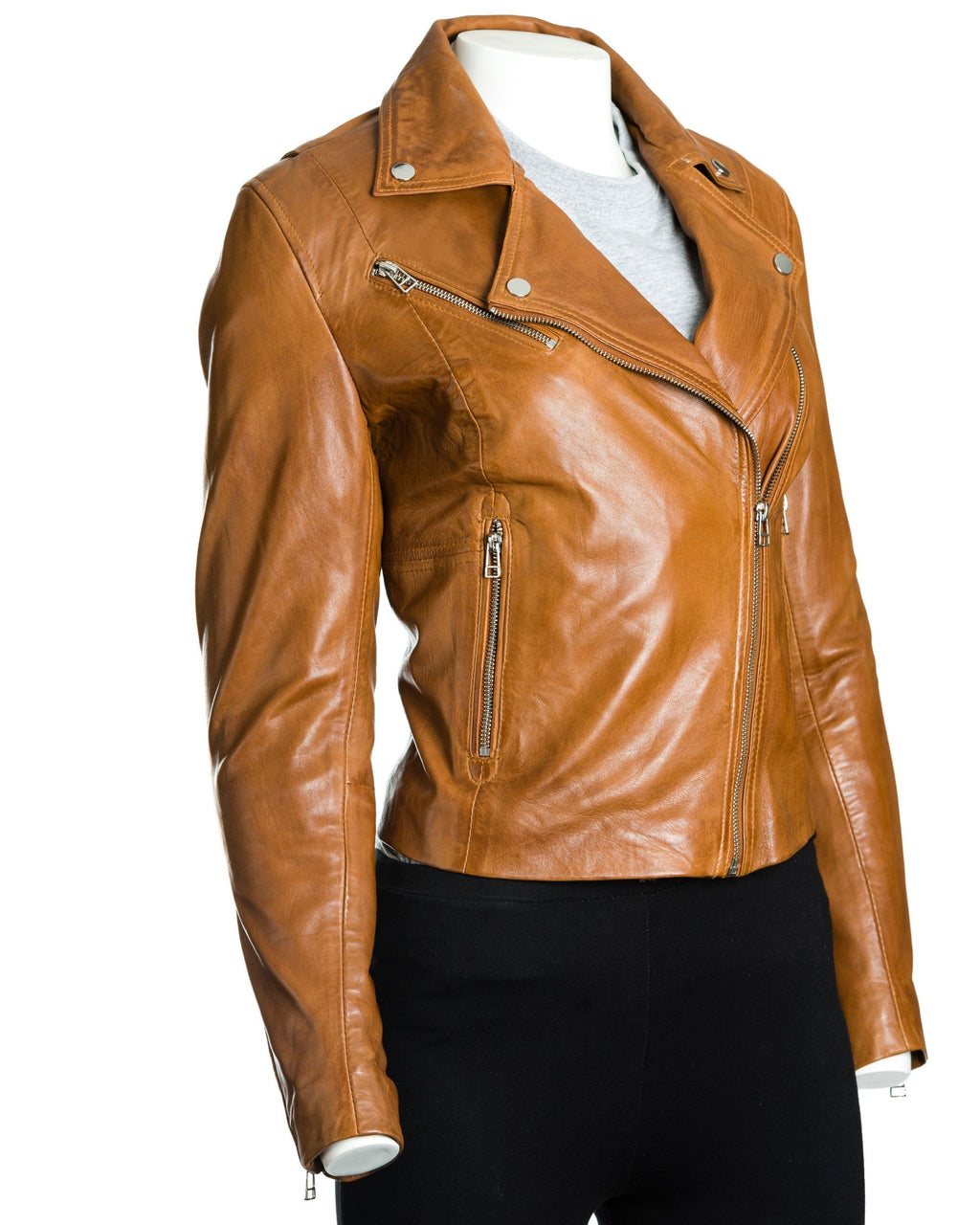 Women's Tan Simple Asymmetric Leather Biker Jacket: Brigida