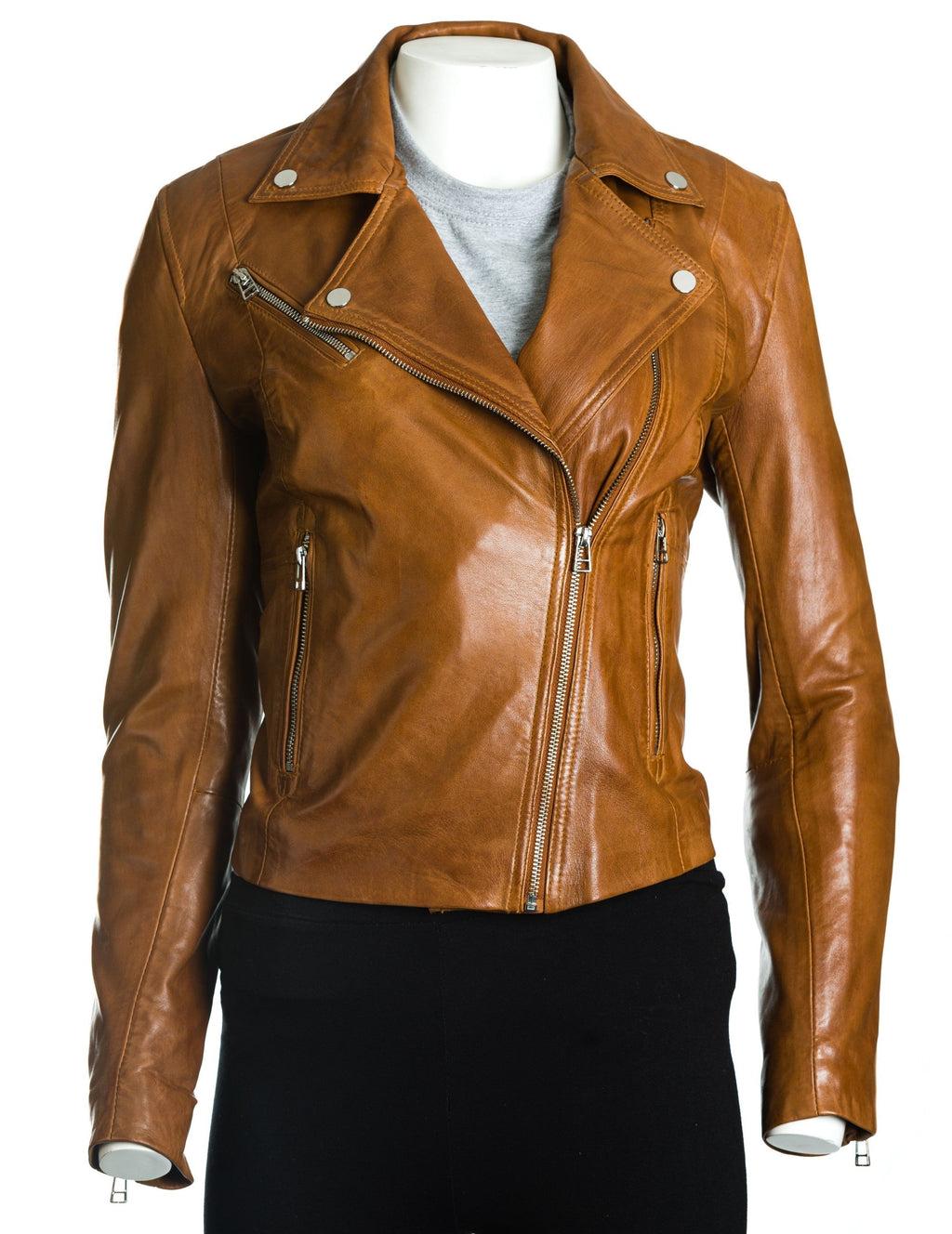 Women's Tan Simple Asymmetric Leather Biker Jacket: Brigida