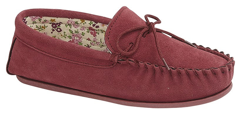 Ladies Crimson Suede Moccasin Slippers