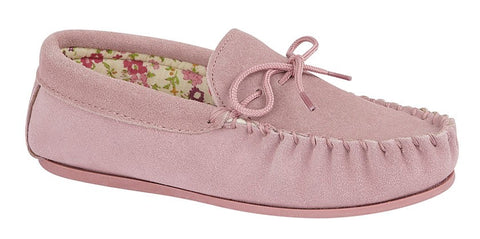 Ladies Pink Suede Moccasin Slippers