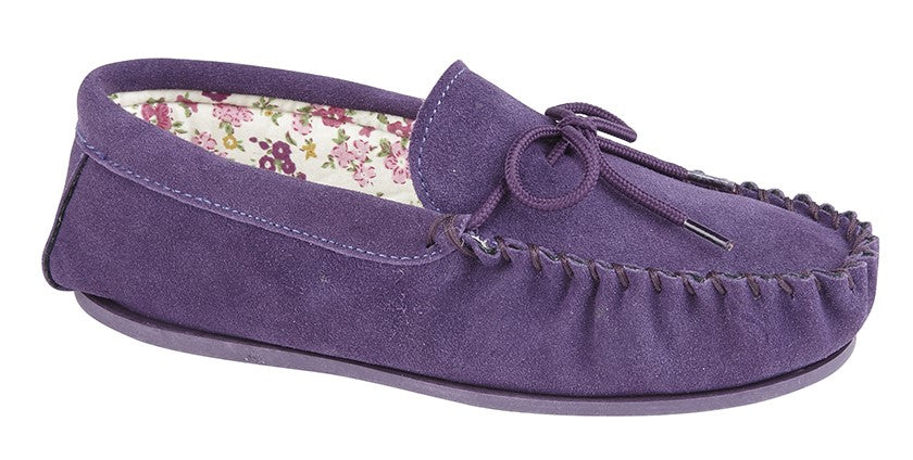 Ladies Purple Suede Moccasin Slippers