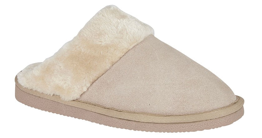 Ladies Stone Real Suede With Faux Lining Mule Slippers