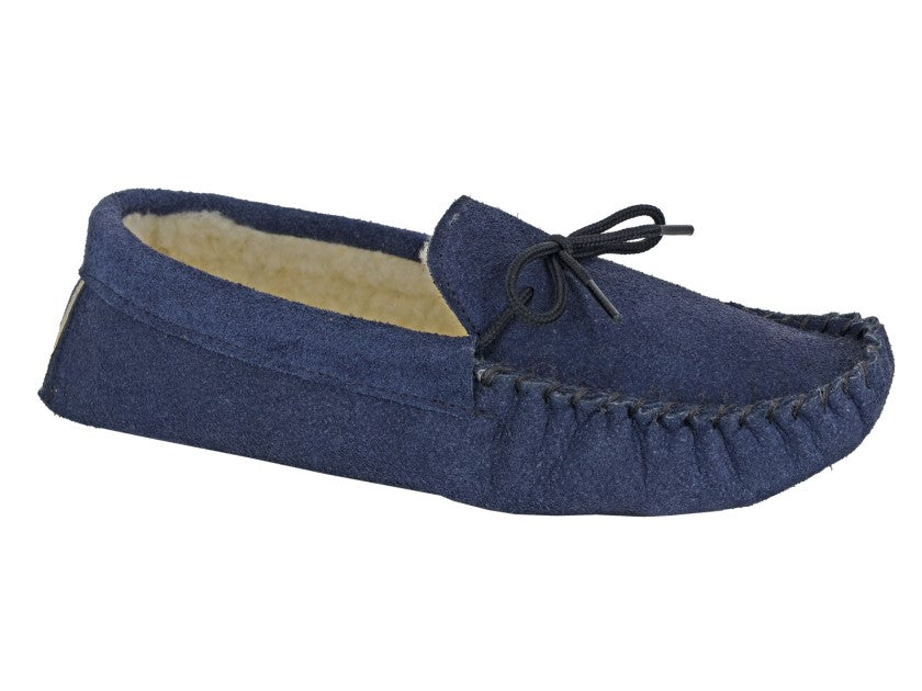 Mens Navy Real Suede With Faux Lining Soft Sole Moccasin Slippers