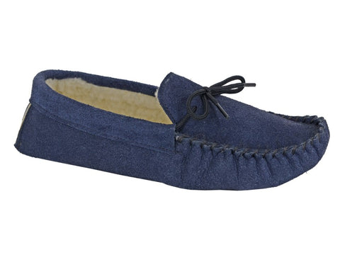 Mens Navy Real Suede With Faux Lining Soft Sole Moccasin Slippers