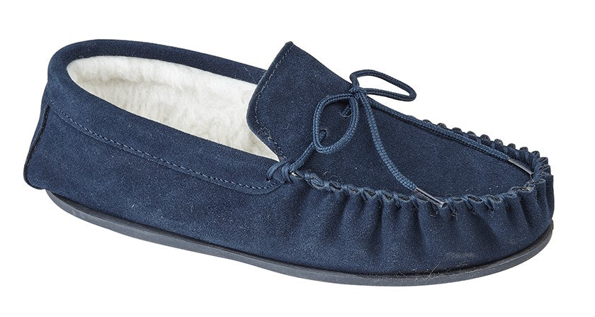 Mens Navy Real Suede With Faux Lining Moccasin Slippers