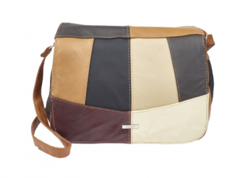 Large Cow hide Multicolour panelled flap-over bag with triple top zip bag compartments