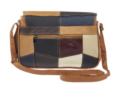 Large Cow hide Multicolour panelled flap-over bag with triple top zip bag compartments