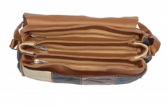 Large Cow hide Multicolour panelled flap-over bag with triple top zip bag compartments