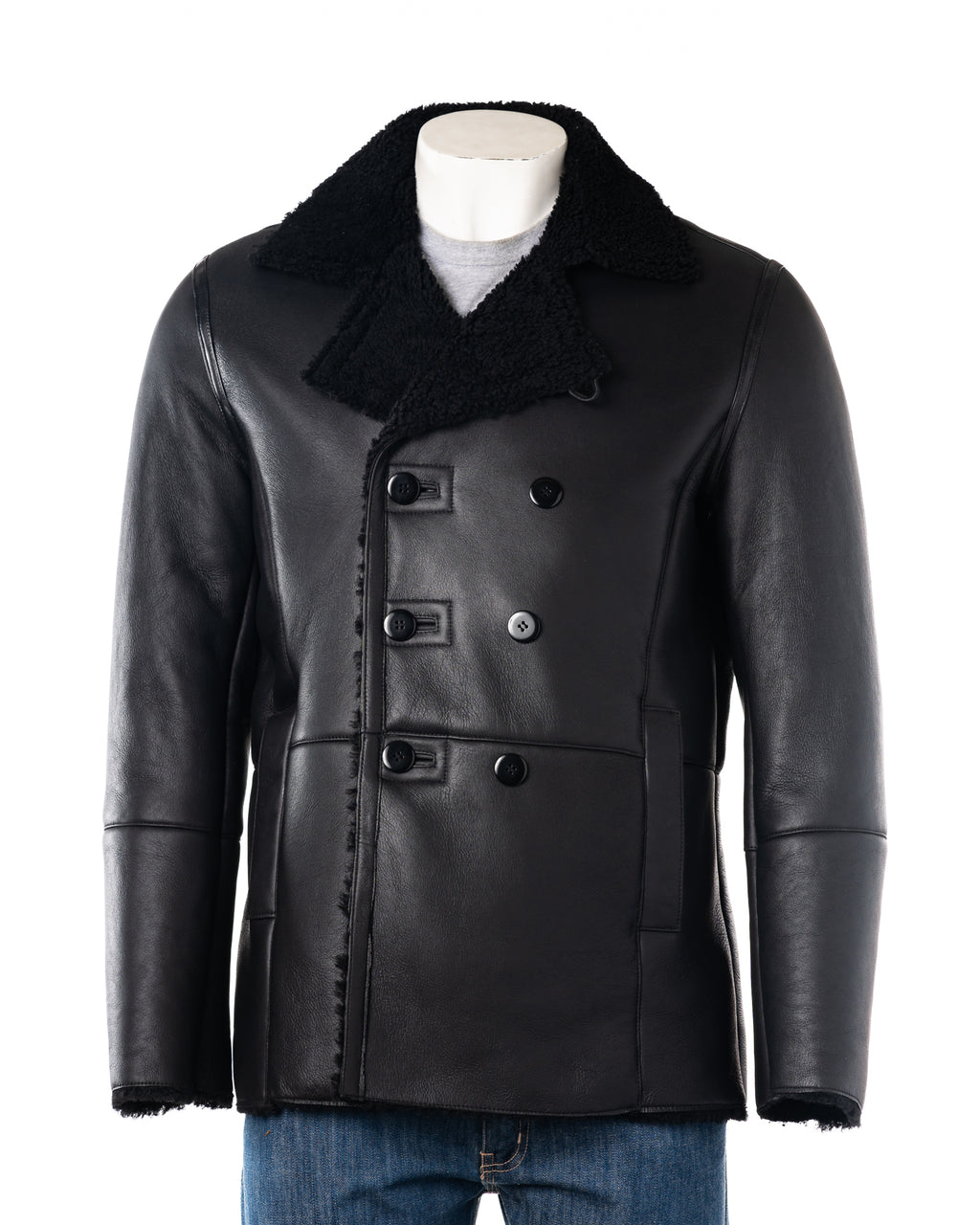 Men's Black Double Breasted Shearling Sheepskin Button-Up Coat: Rafael