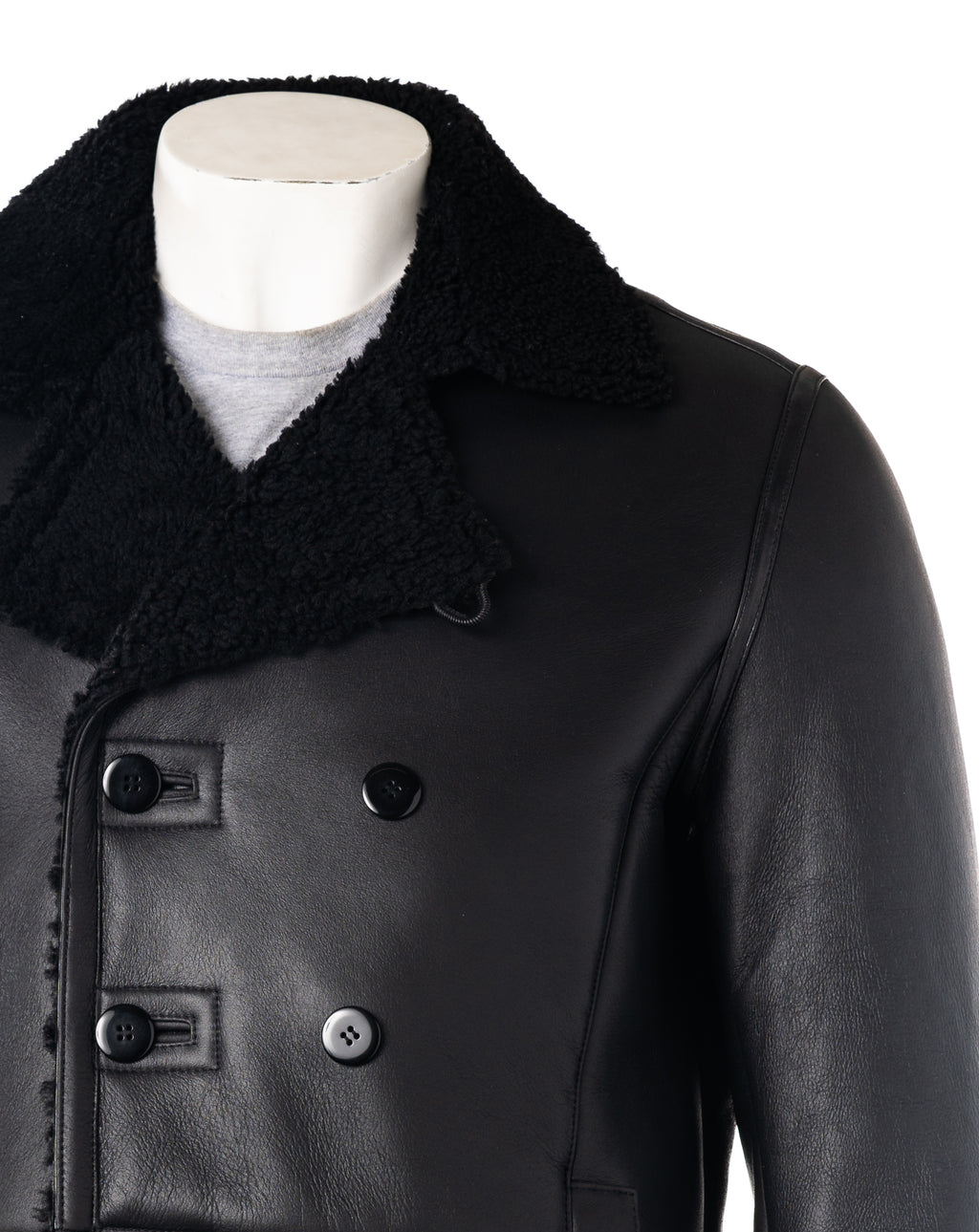 Men's Black Double Breasted Shearling Sheepskin Button-Up Coat: Rafael