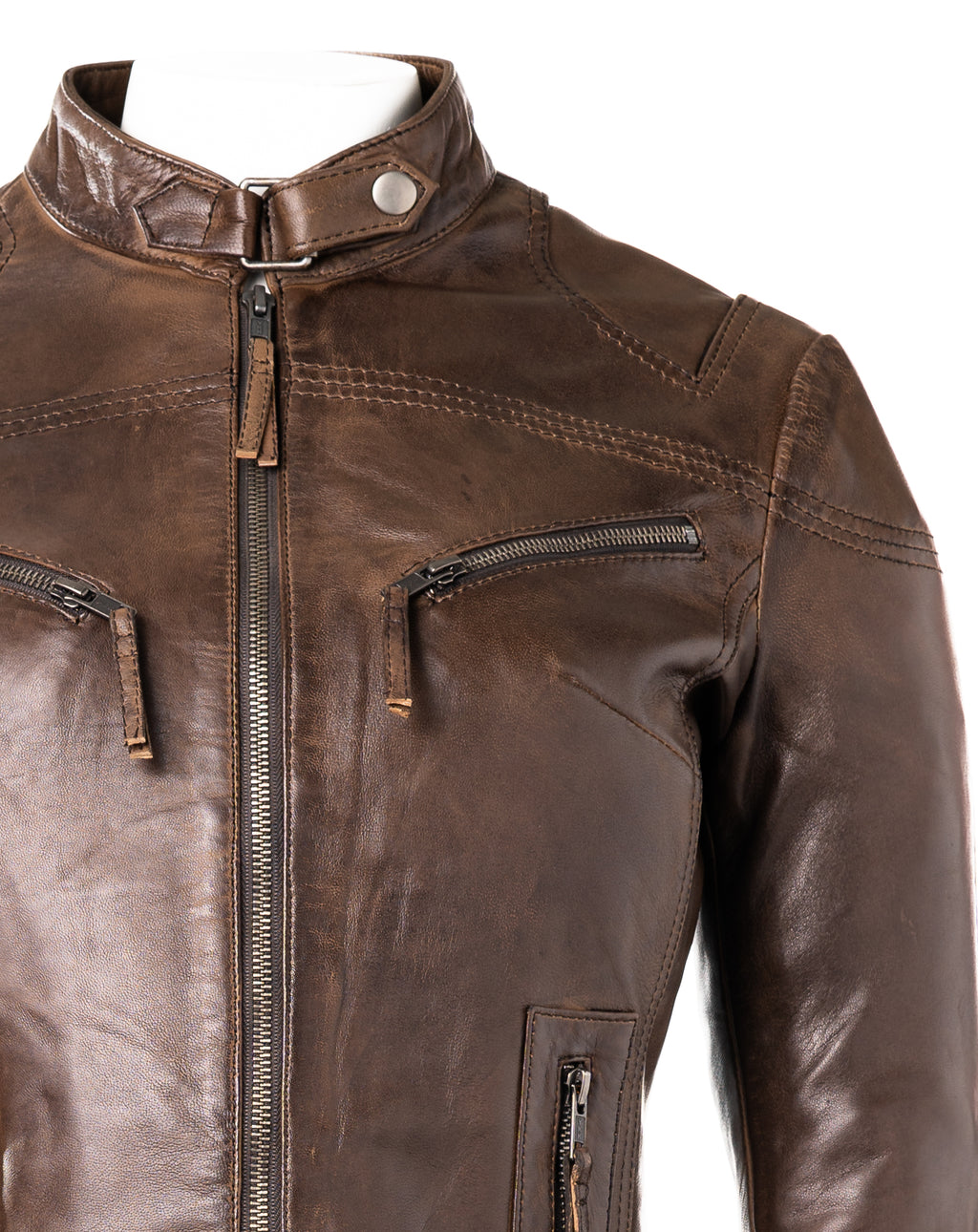 Ladies Antique Brown Slim Fit Biker Style Leather Jacket: Ella