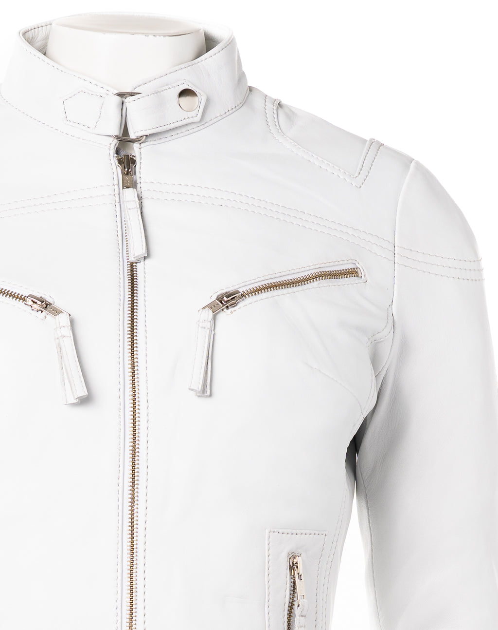 Ladies White Slim Fit Biker Style Leather Jacket: Ella