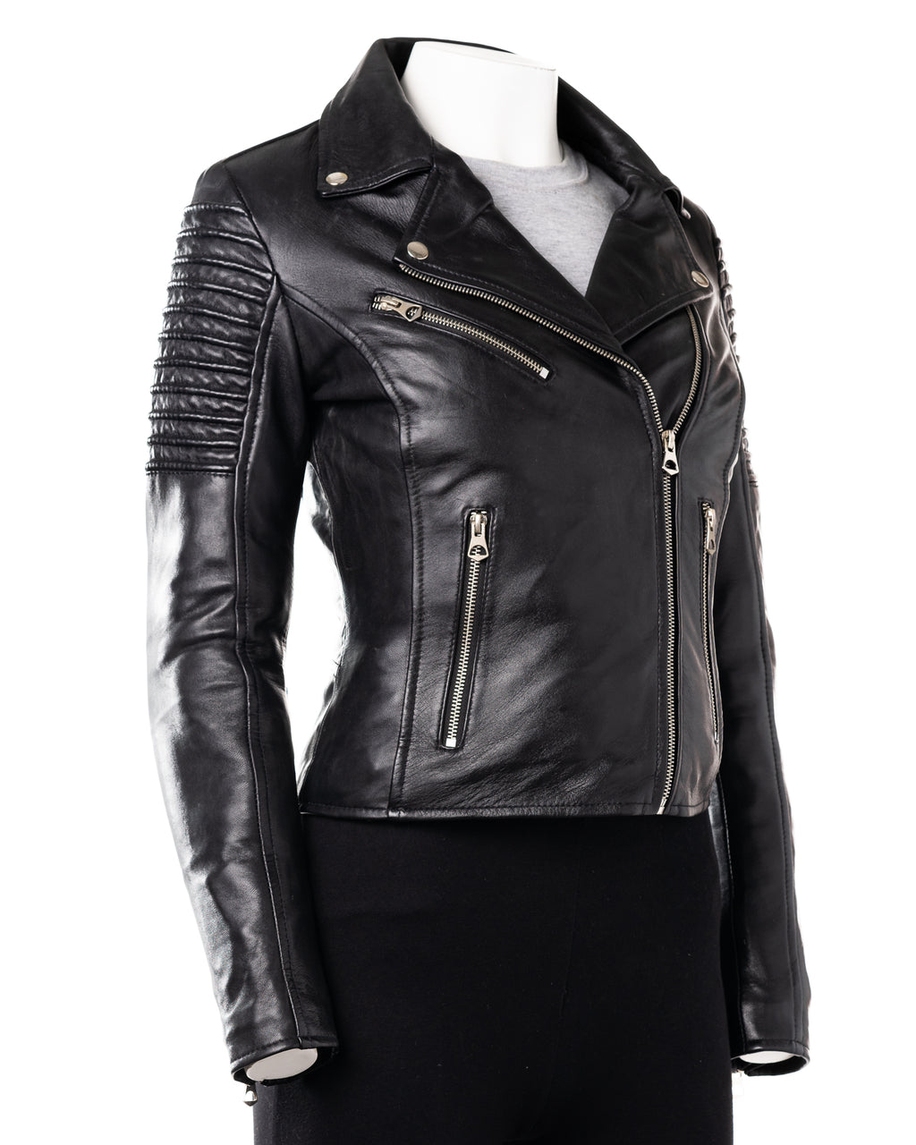 Ladies Black Cross Zip Biker Style Leather Jacket: Giulia