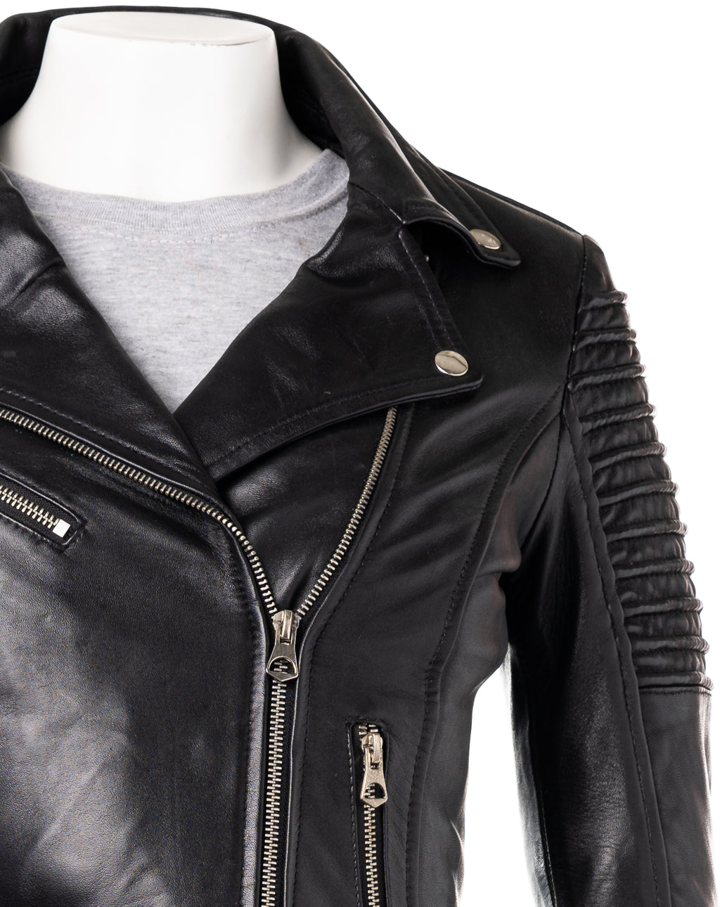 Ladies Black Cross Zip Biker Style Leather Jacket: Giulia