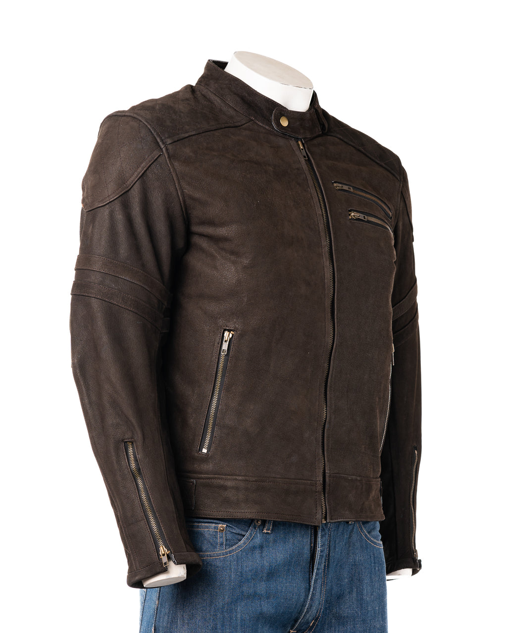 Men's Brown Nubuck Stripe Cow Hide Motorbike Jacket With Removable Armour: Carmine