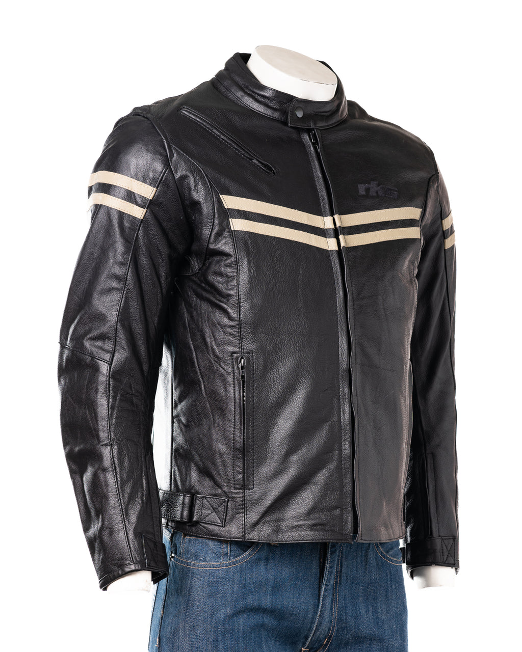 Men s Black Beige Stripe Cow Hide Motorbike Jacket With Removable Ar Leather Jacket Company