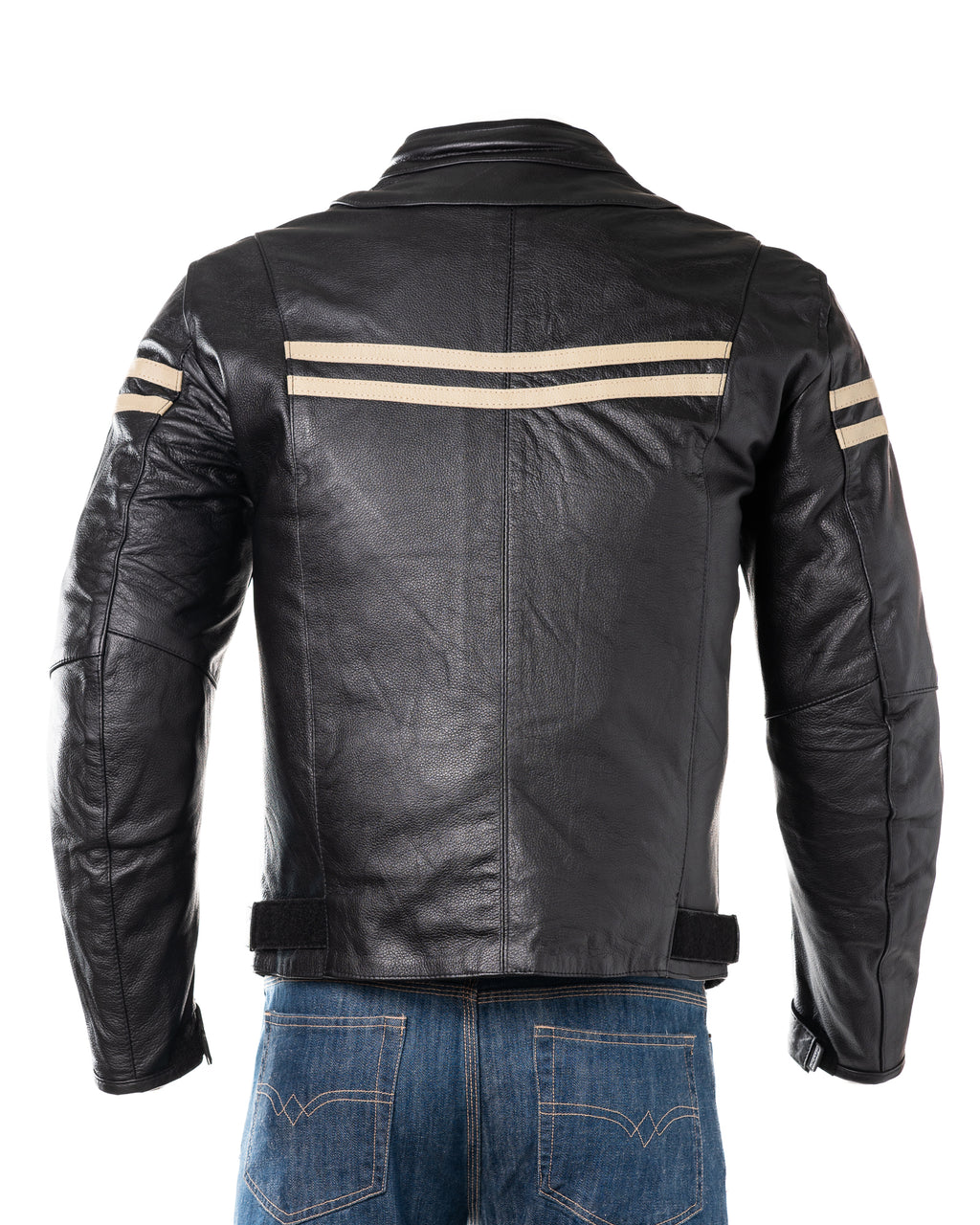Men's Black & Beige Stripe Cow Hide Motorbike Jacket With Removable Armour: Lucas