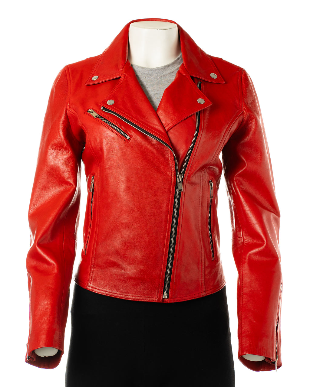 Women's Red Simple Asymmetric Leather Biker Jacket: Brigida