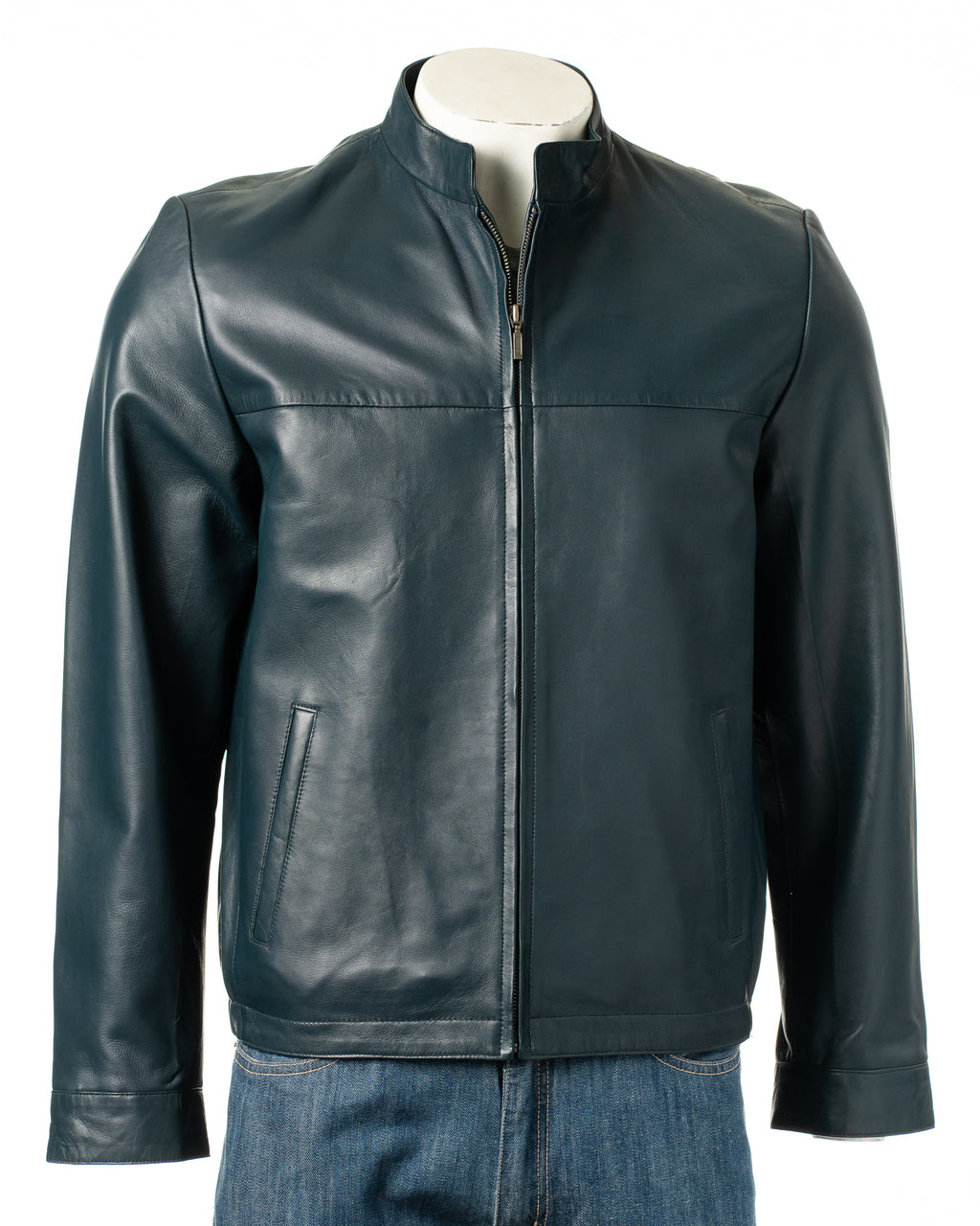 Men's Navy Simple Leather Jacket: Davide