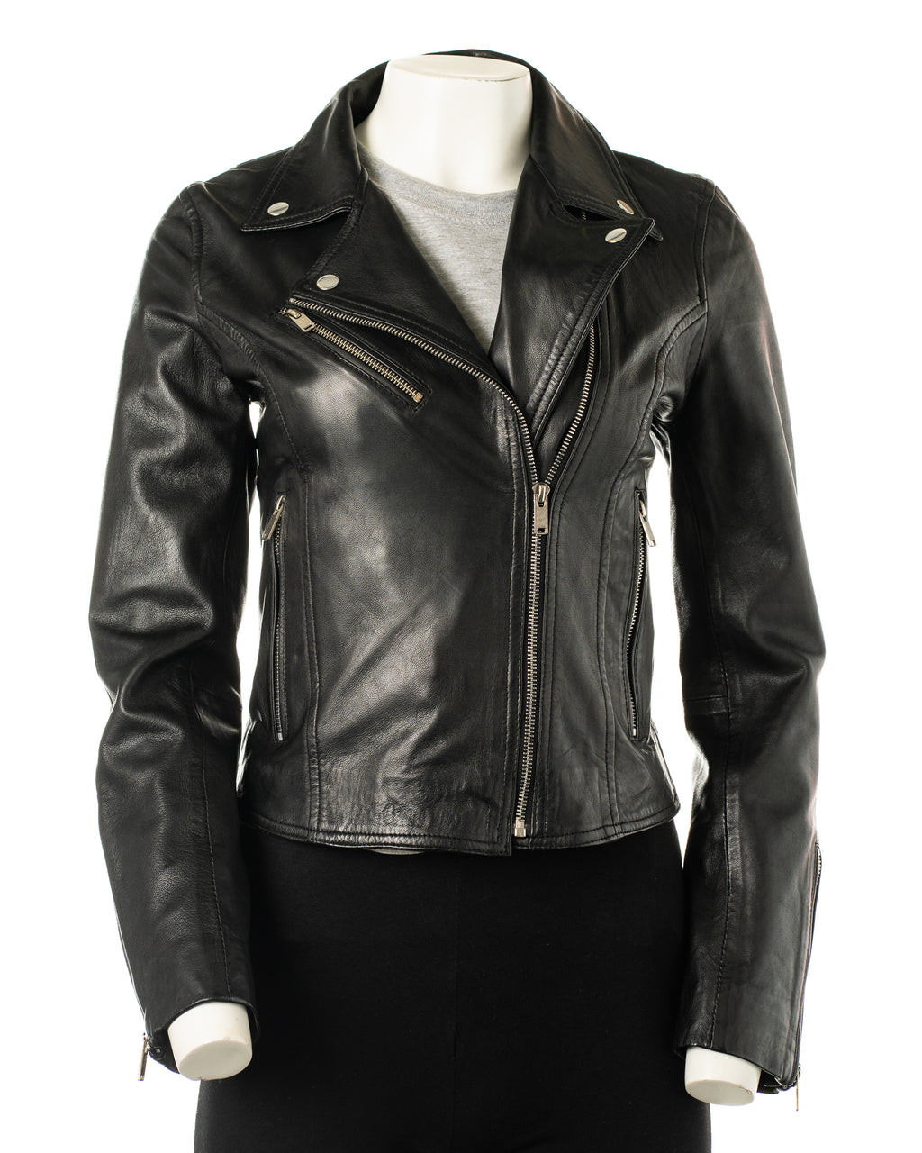 Women's Black Simple Asymmetric Leather Biker Jacket: Brigida