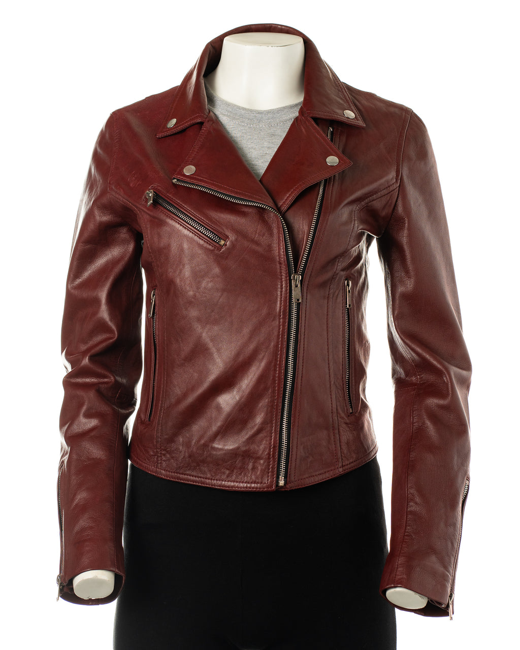 Women's Burgundy Simple Asymmetric Leather Biker Jacket: Brigida