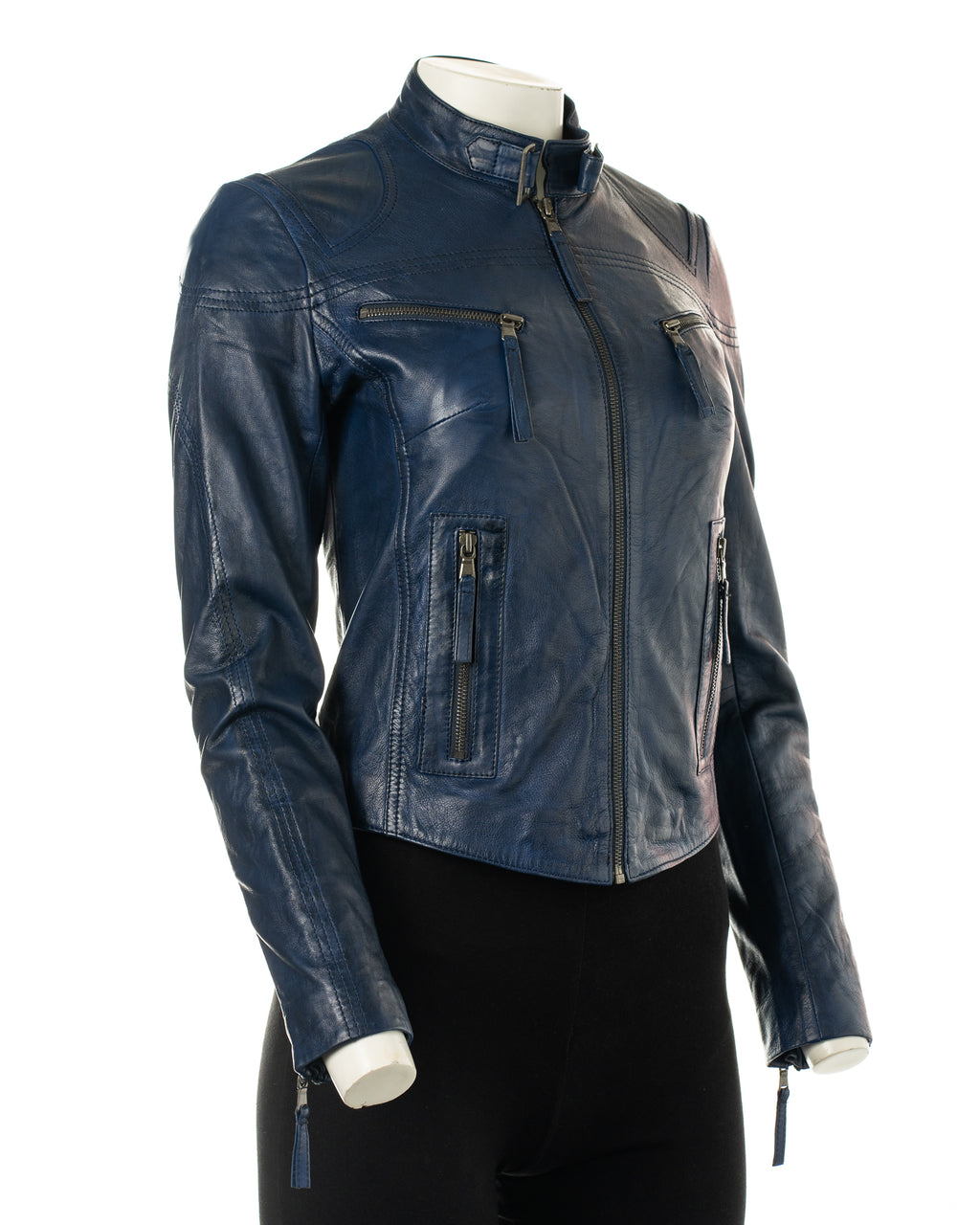 Ladies Deep Blue Buckled Asymmetric Biker Style Leather Jacket: Angelica