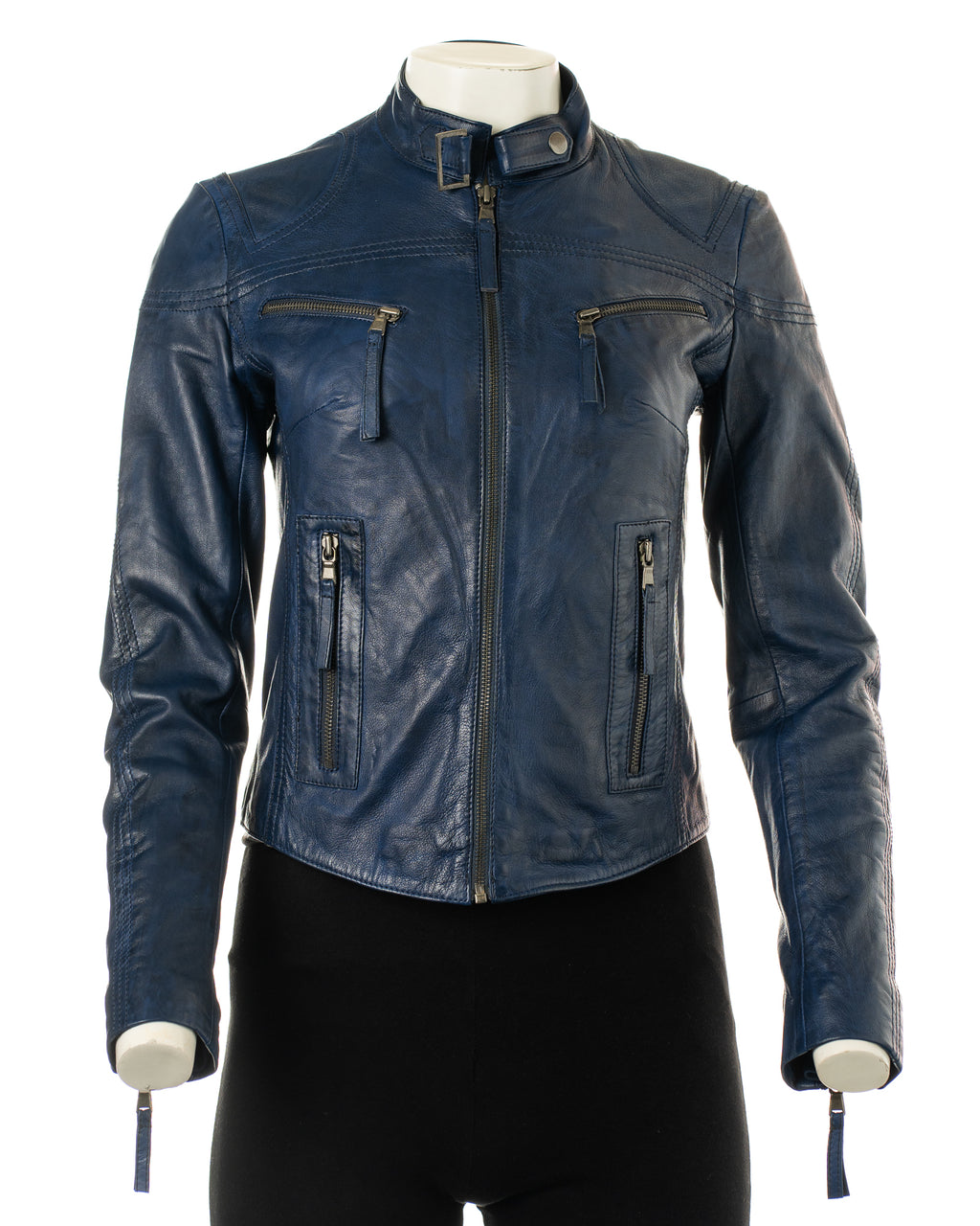 Ladies Deep Blue Buckled Asymmetric Biker Style Leather Jacket: Angelica