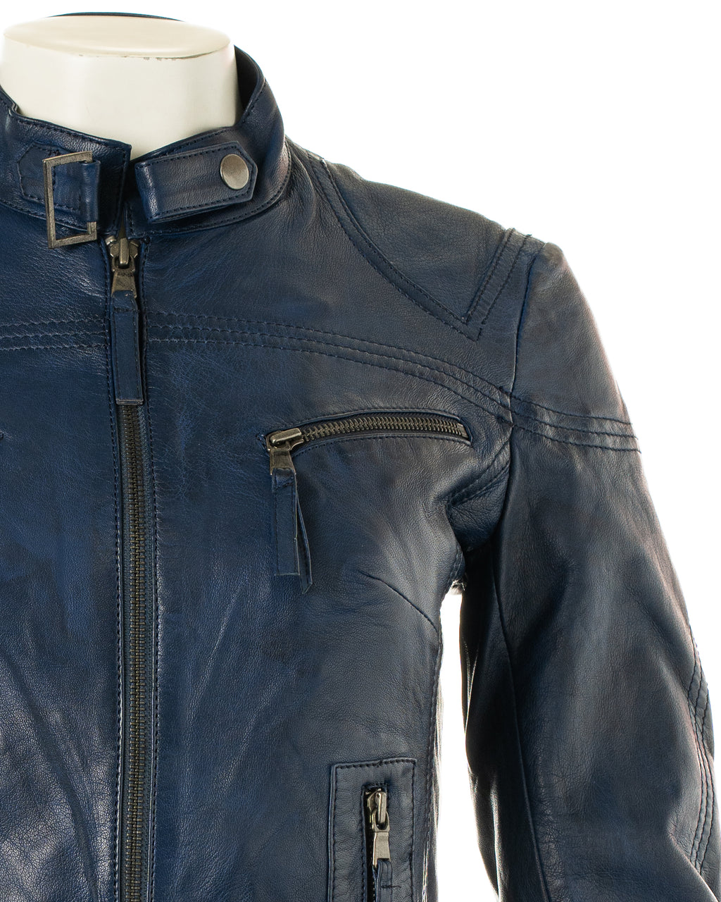 Ladies Deep Blue Buckled Asymmetric Biker Style Leather Jacket: Angelica