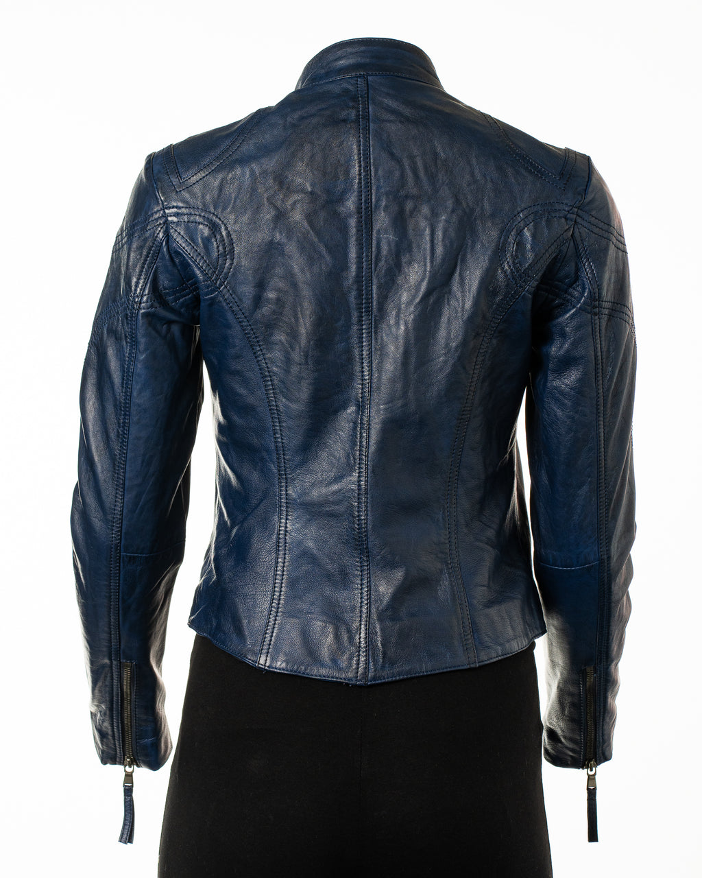 Ladies Deep Blue Buckled Asymmetric Biker Style Leather Jacket: Angelica