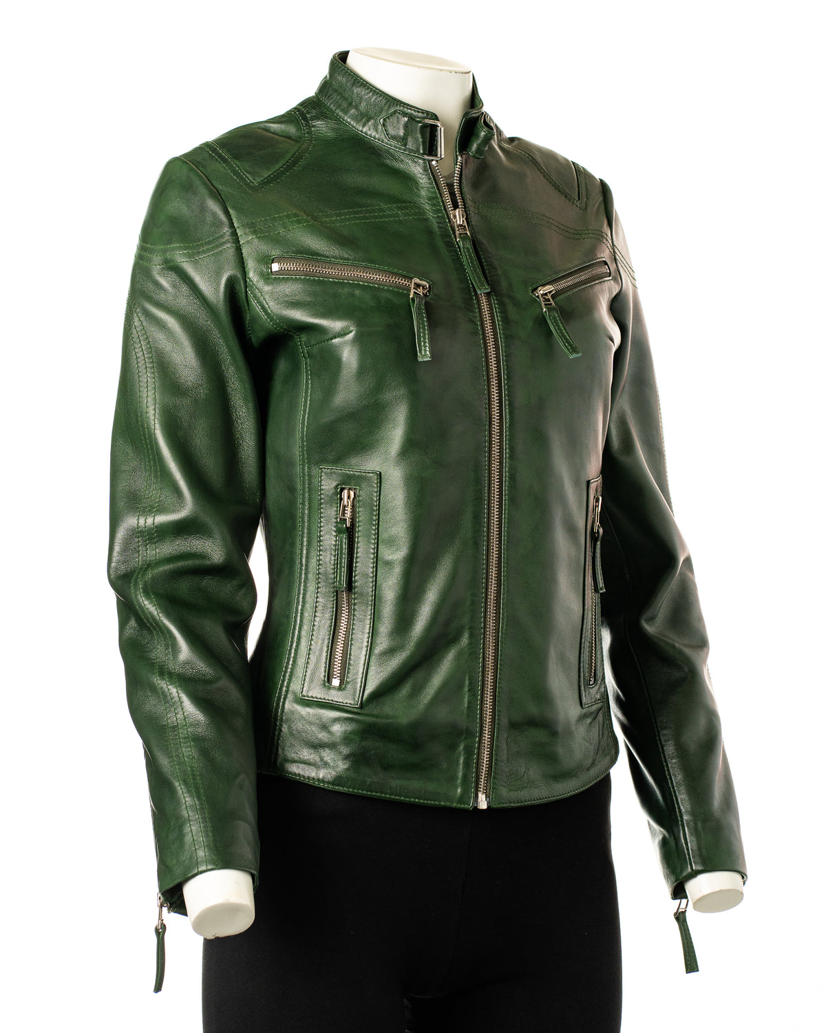Ladies Bottle Green Slim Fit Biker Style Leather Jacket: Ella