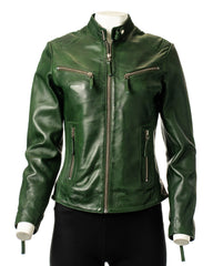 Ladies Bottle Green Slim Fit Biker Style Leather Jacket: Ella