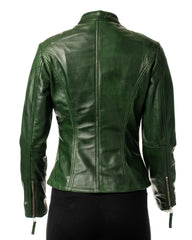 Ladies Bottle Green Slim Fit Biker Style Leather Jacket: Ella