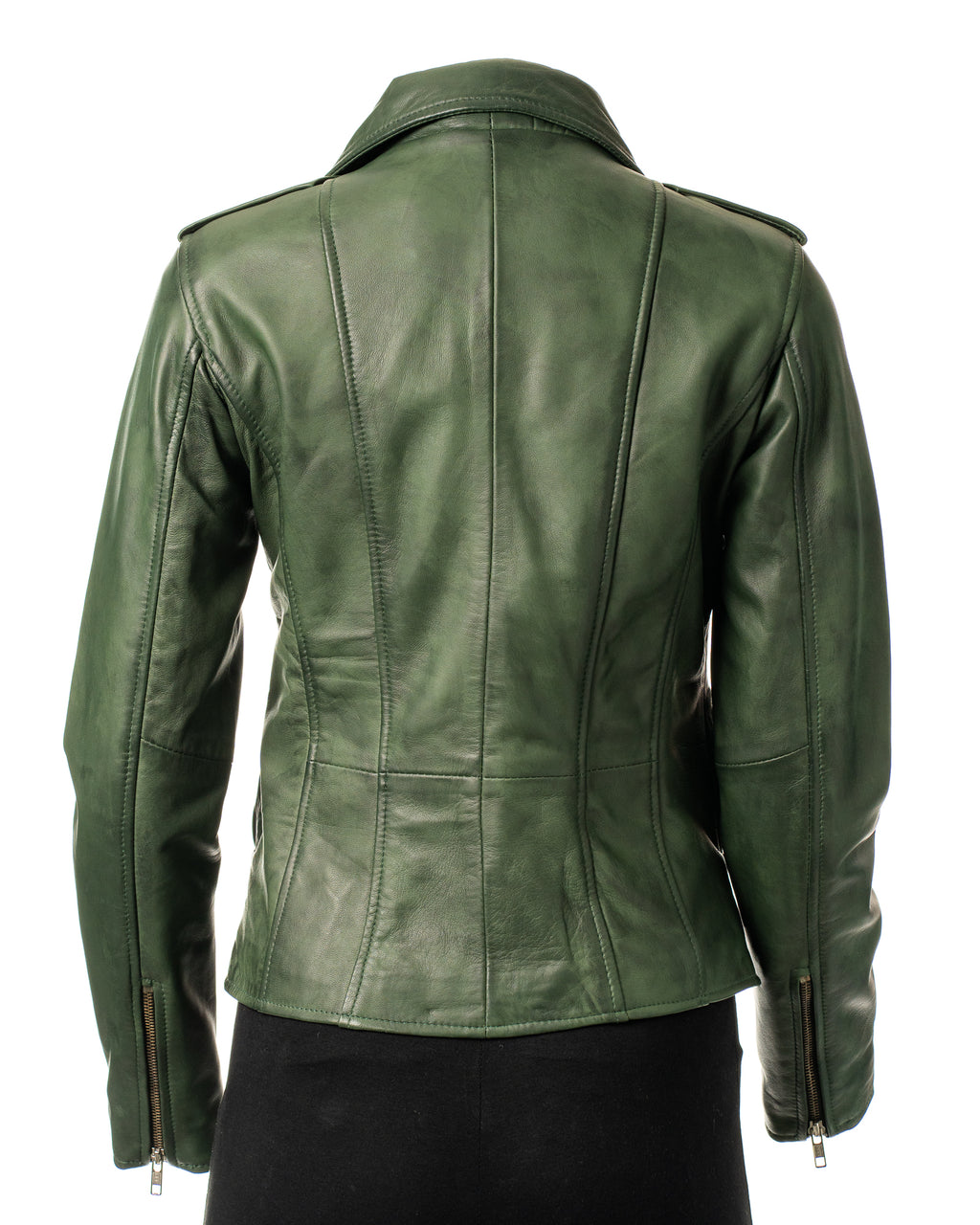 Ladies Forest Green Buckled Asymmetric Biker Style Leather Jacket: Angelica