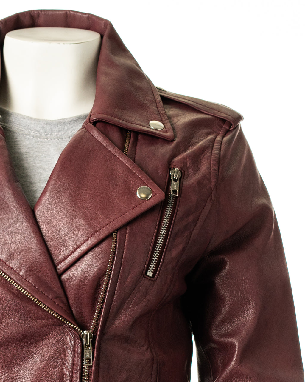 Ladies Burgundy Buckled Asymmetric Biker Style Leather Jacket: Angelica