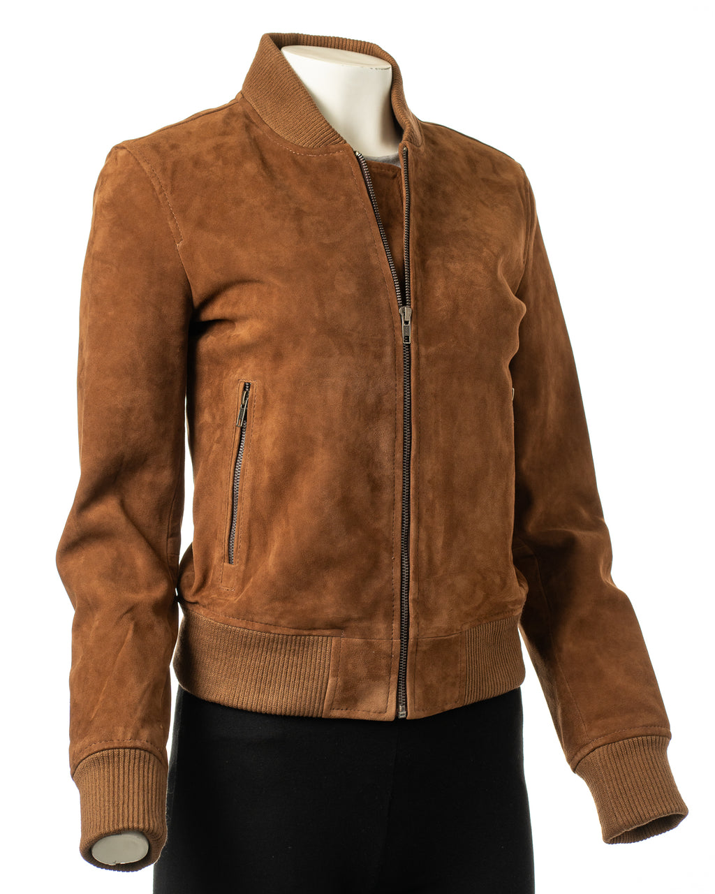 Ladies Tobacco Rib-Knit Collar Suede Bomber: Violet