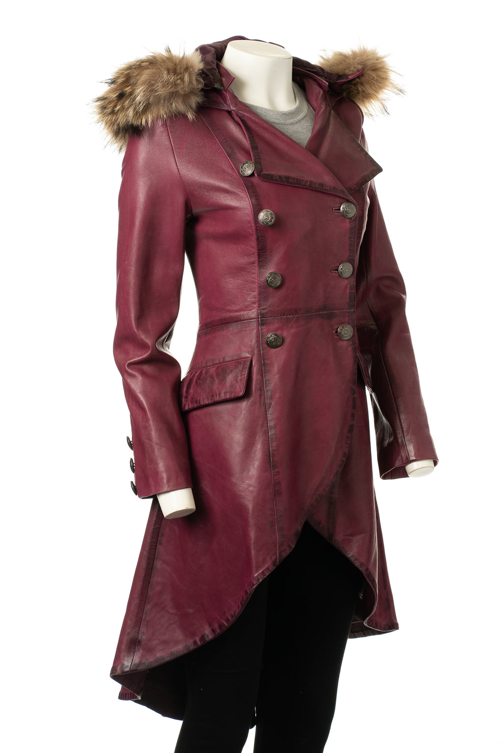 Ladies Pepsi Leather Dip Hem Double Breasted Edwardian Military Style 3/4 Coat With Detachable Hood: Alessia